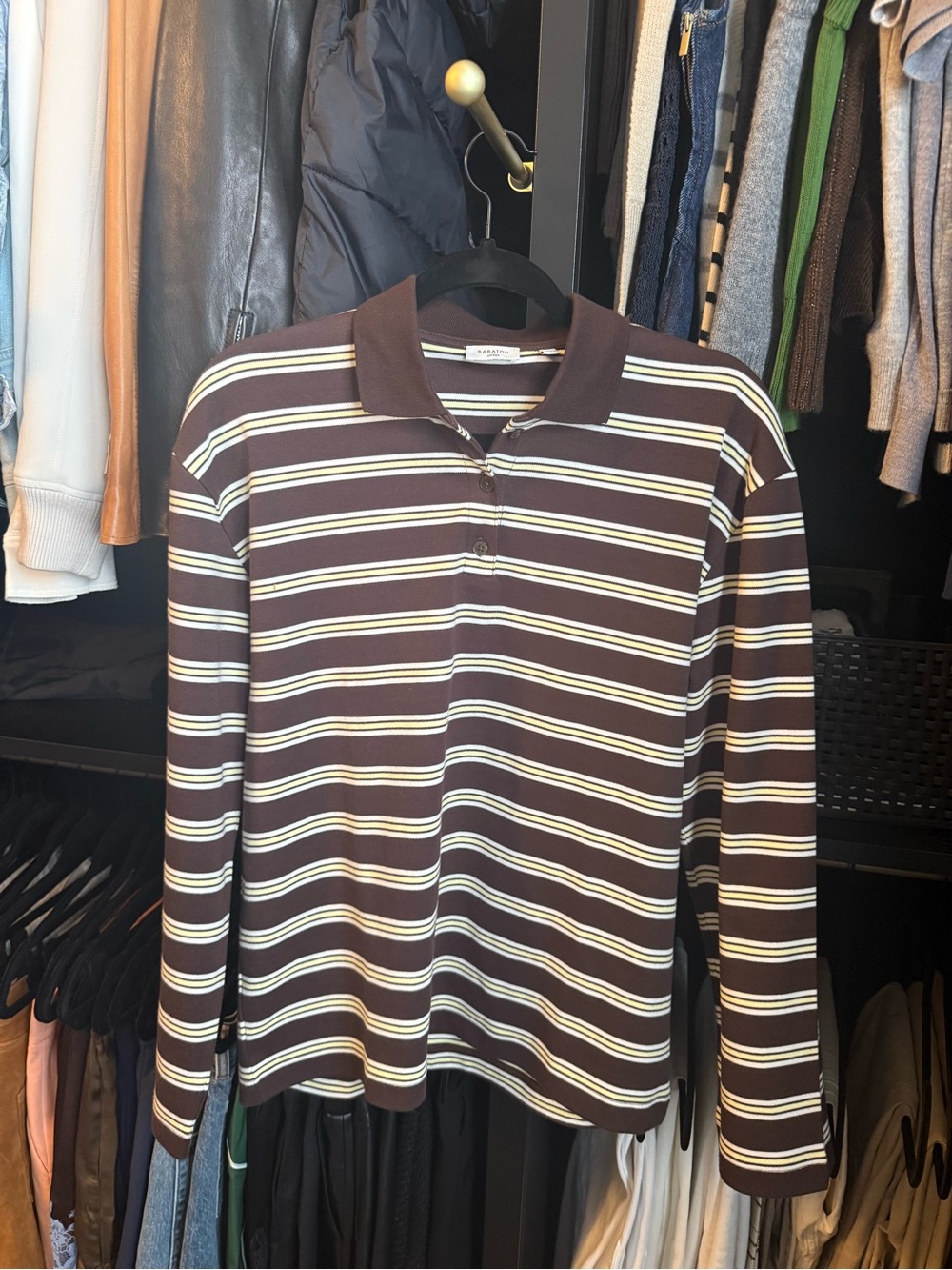 Babaton Brown Striped Long-Sleeve Polo with Cream & White Stripes